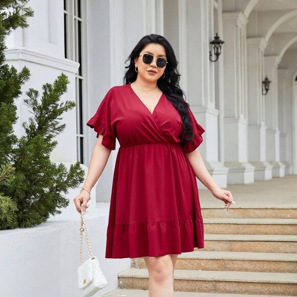 Plus Size Ruched Surplice Flounce Sleeve Mini Dress - Picture 3 of 10